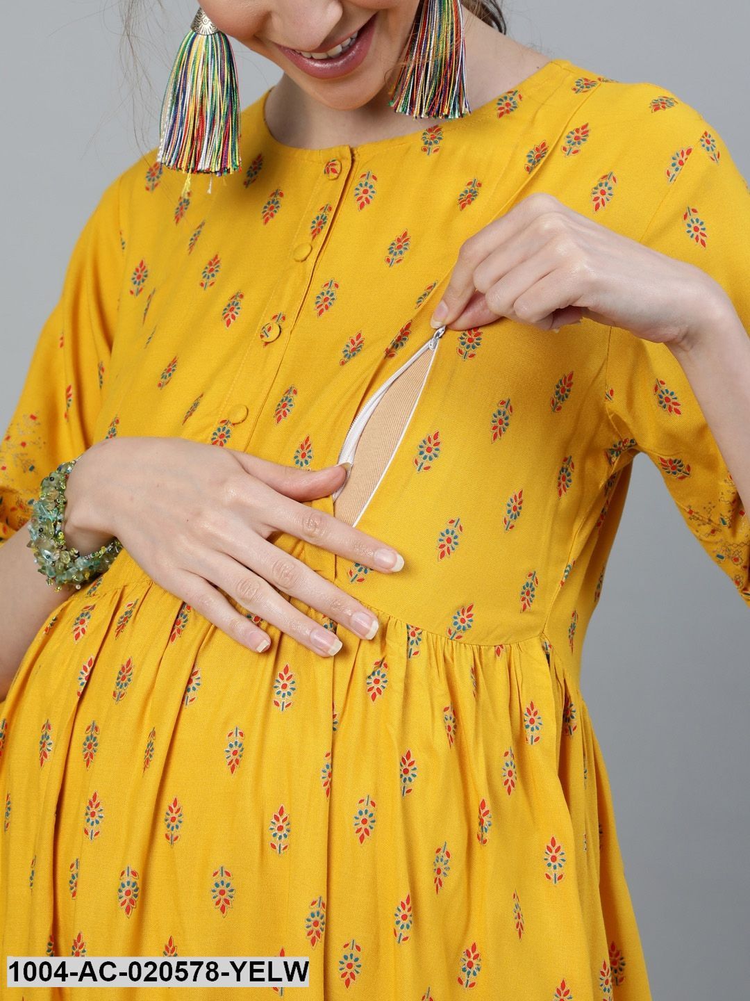 Yellow & Red Ethnic Motifs Maternity Maxi Dress