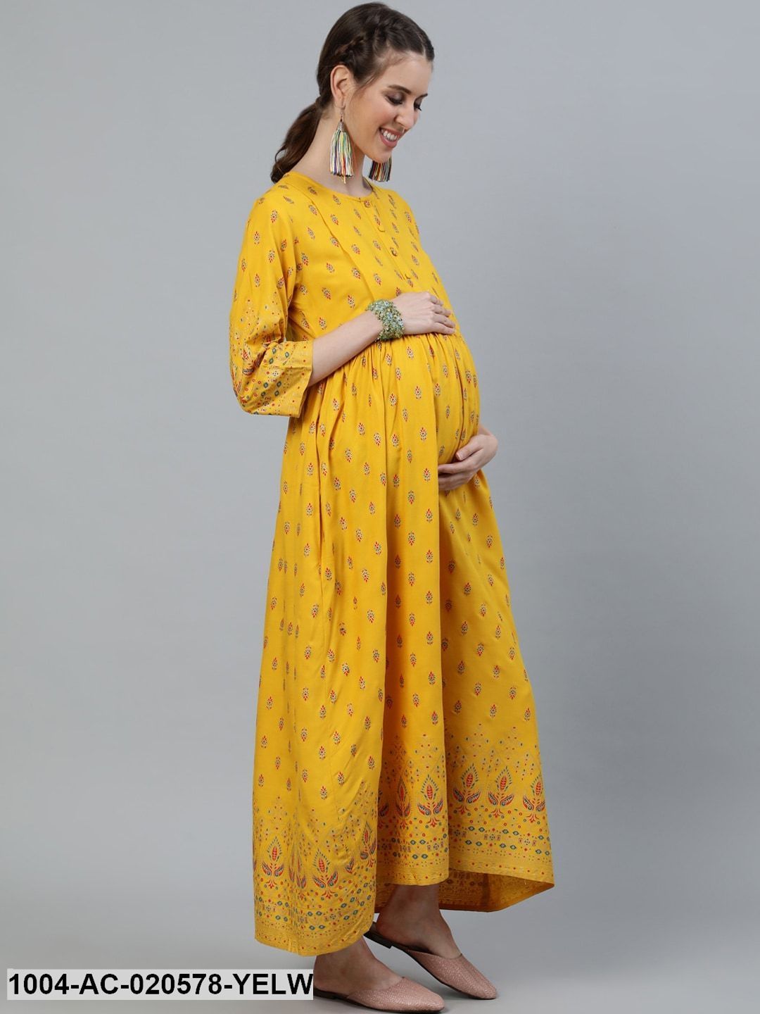 Yellow & Red Ethnic Motifs Maternity Maxi Dress