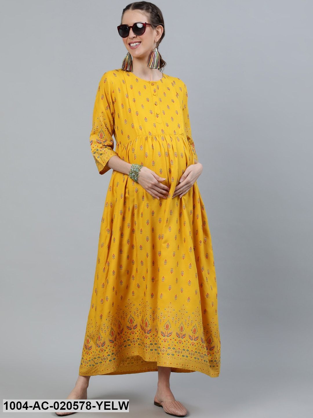 Yellow & Red Ethnic Motifs Maternity Maxi Dress