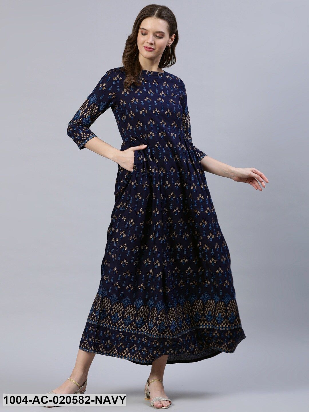 Navy Blue Ethnic Motifs Maxi Dress
