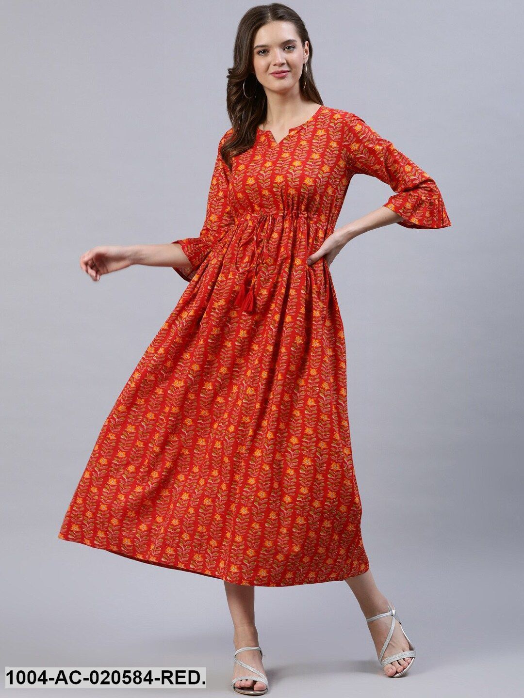 Red Floral Empire Midi Dress