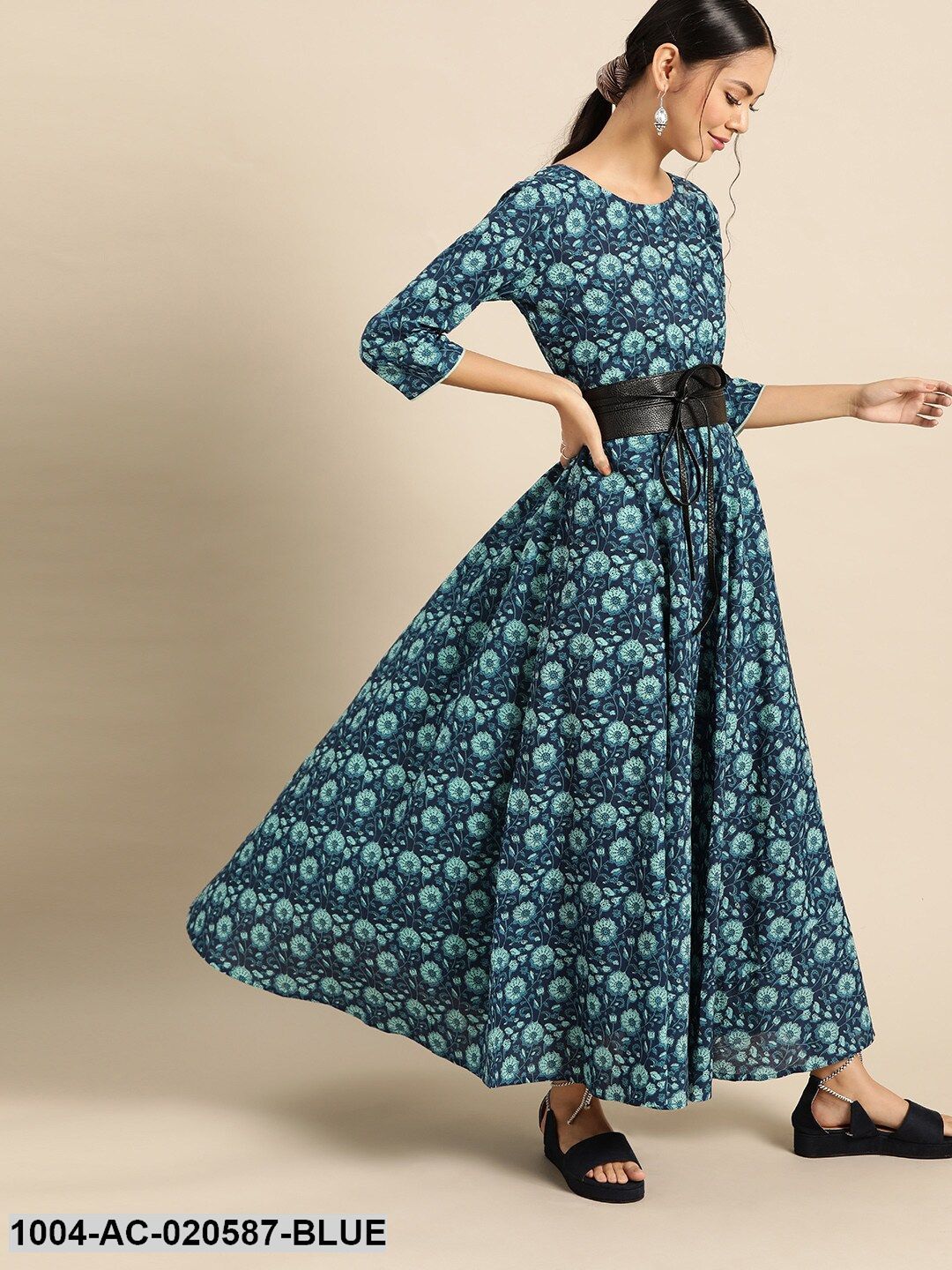 Blue Ethnic Motifs Printed Pure Cotton Maxi Dress