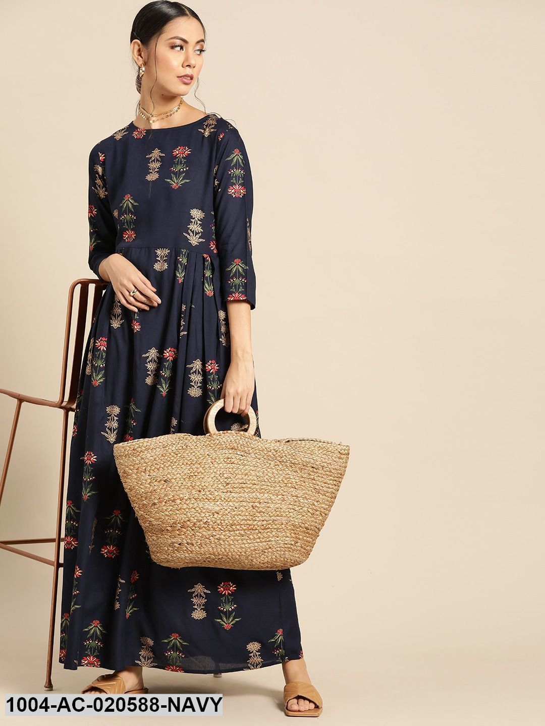 Navy Blue & Golden Ethnic Motifs Printed Pleated Maxi Dress