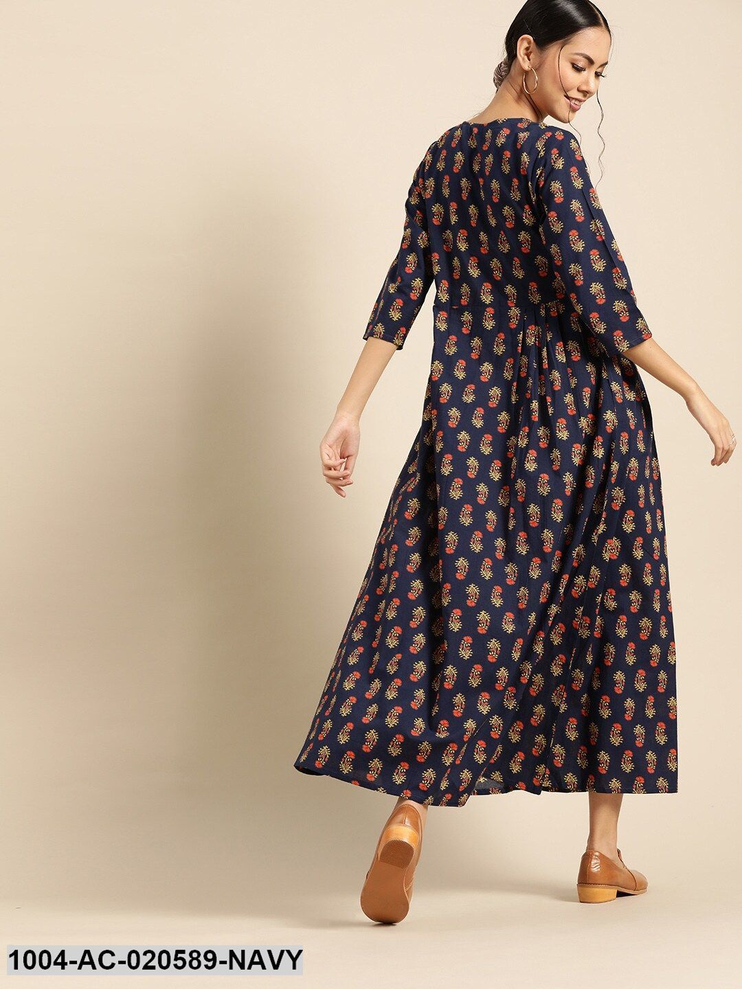 Navy Blue & Yellow Ethnic Motifs Tie-Up Neck Ethnic Maxi Dress