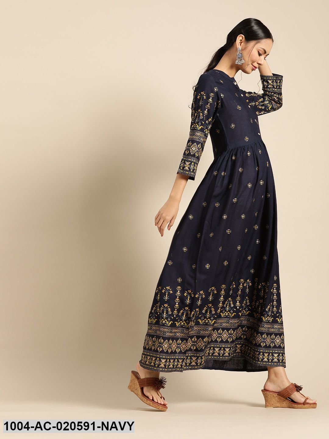 Navy Blue & Yellow Ethnic Motifs Printed Maxi Dress