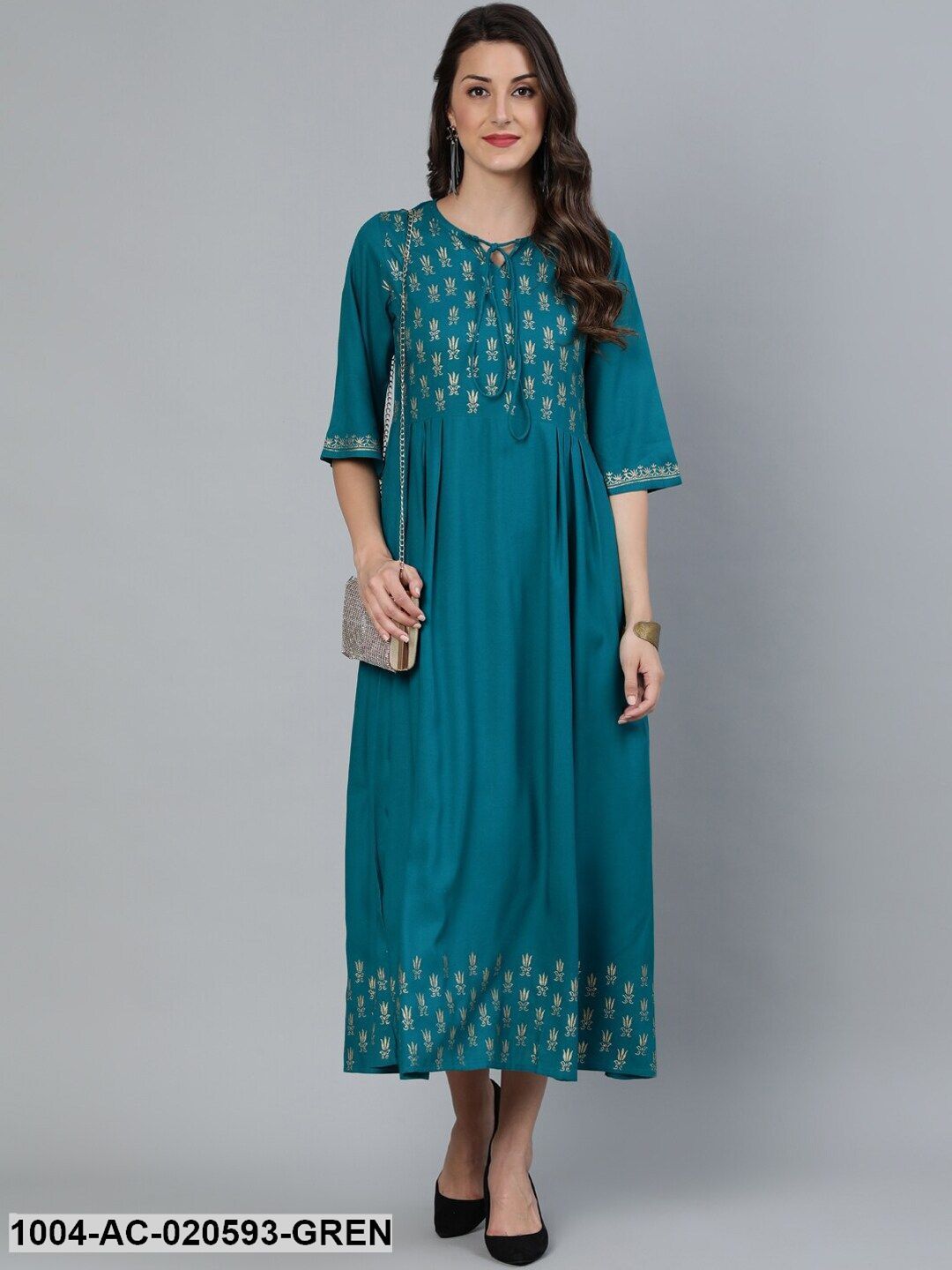 Green & Gold Block Printed Fit and Flare Dress