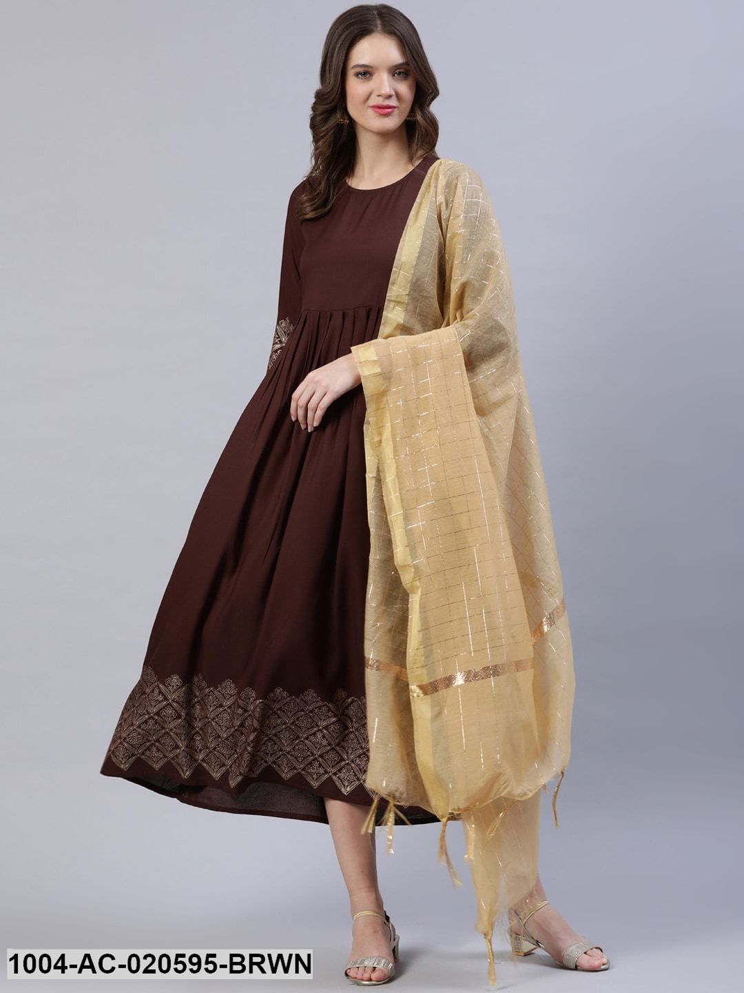 Brown & Beige Block Printed Ethnic Dress With Chanderi Dupatta