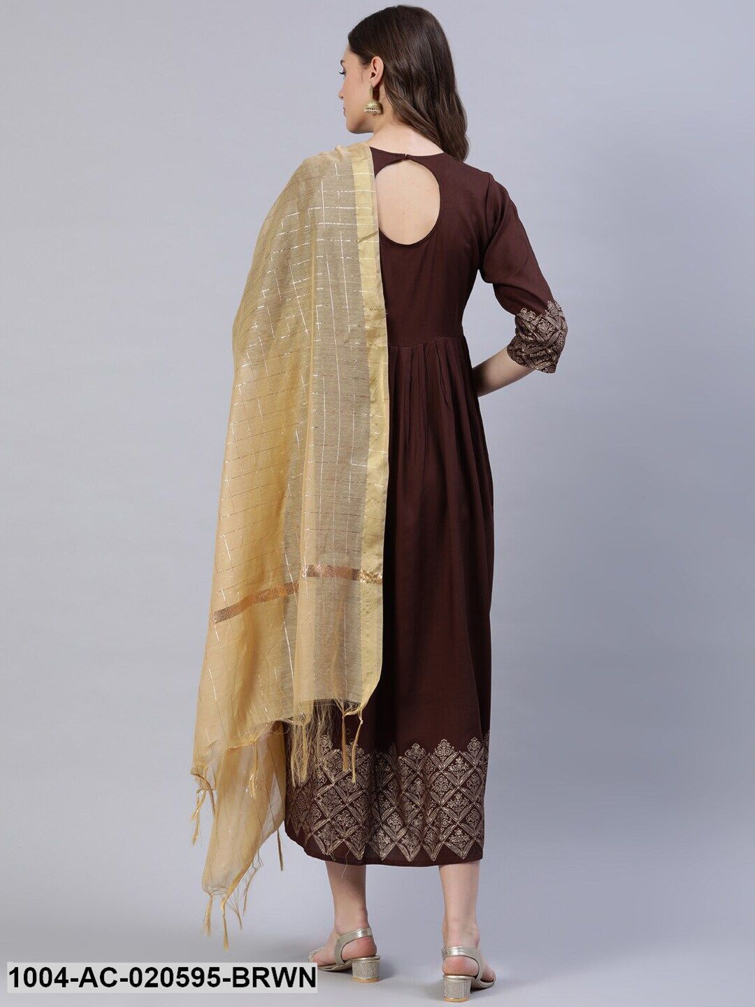 Brown & Beige Block Printed Ethnic Dress With Chanderi Dupatta