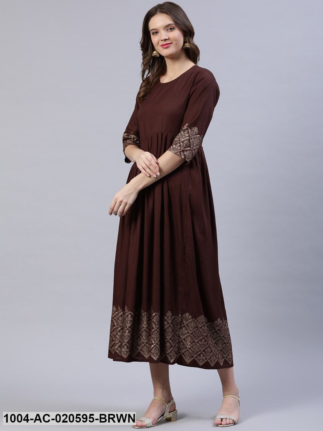 Brown & Beige Block Printed Ethnic Dress With Chanderi Dupatta
