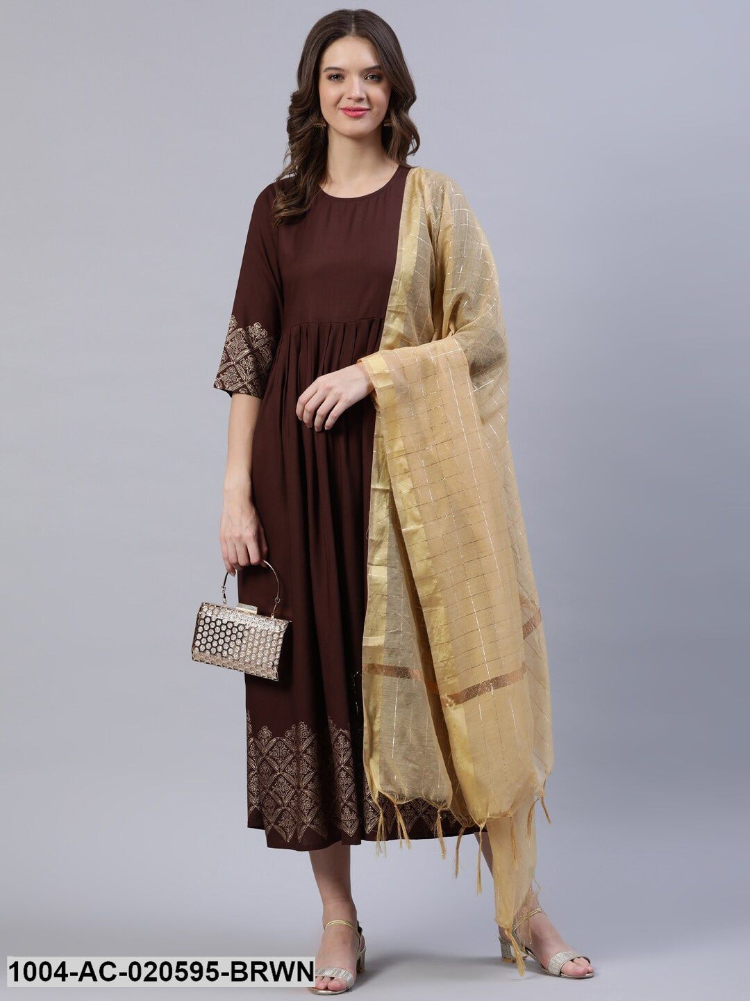 Brown & Beige Block Printed Ethnic Dress With Chanderi Dupatta