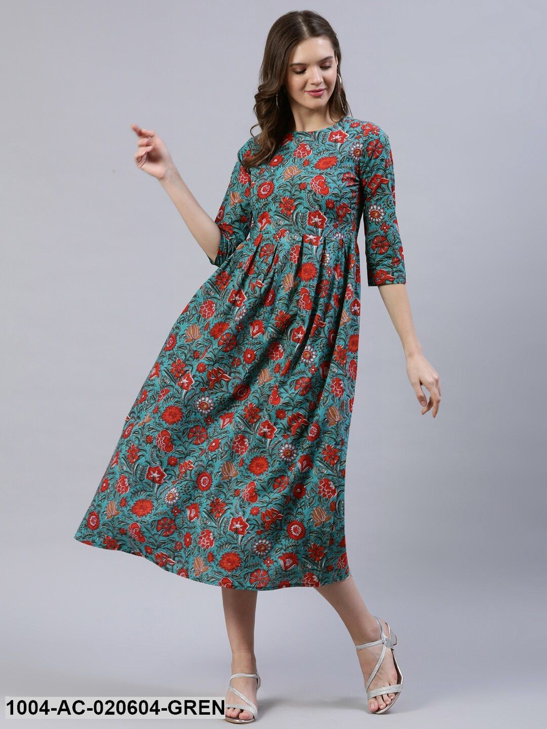 Green Floral A-Line Midi Dress