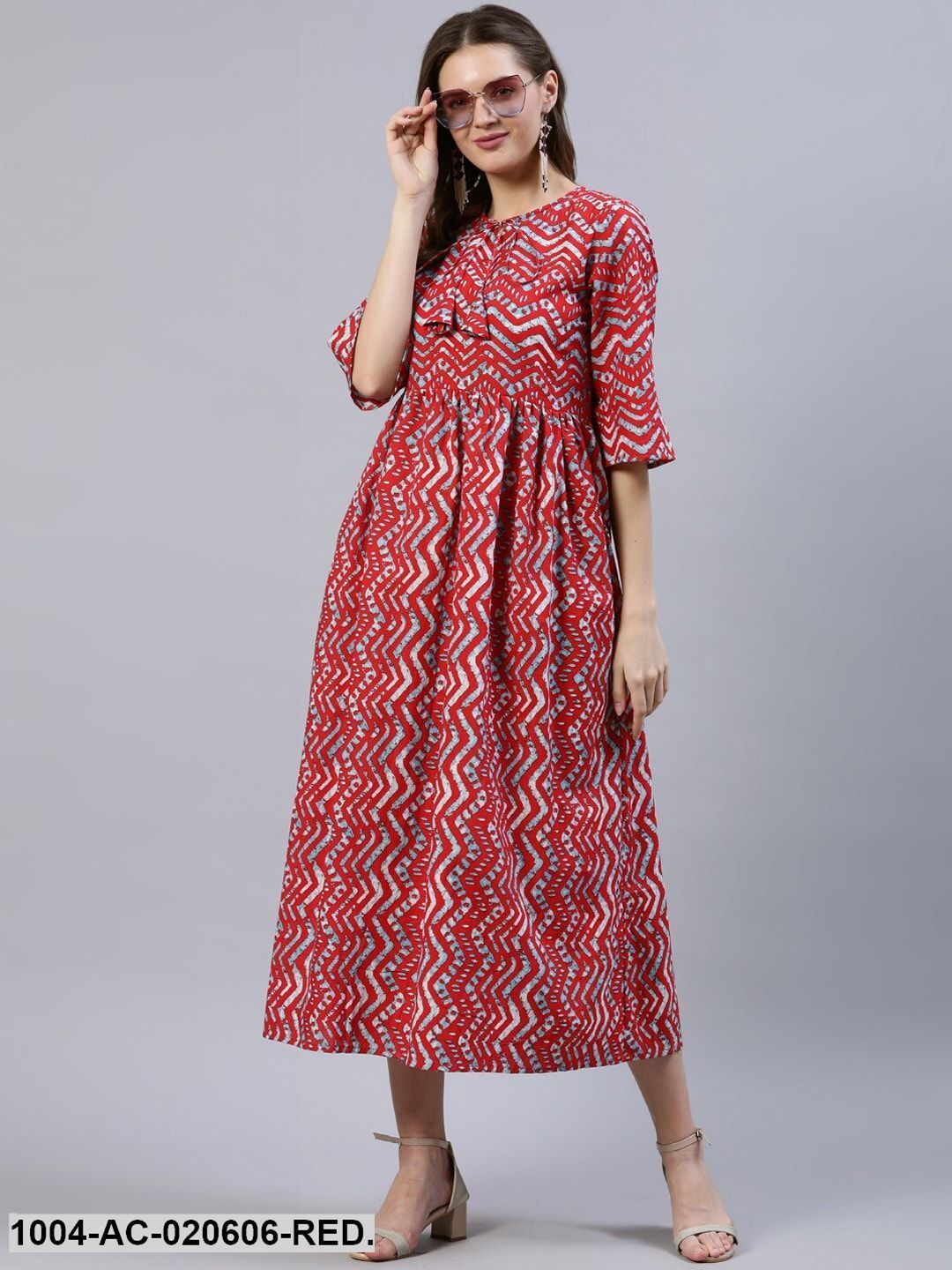 Red Floral A-Line Midi Dress