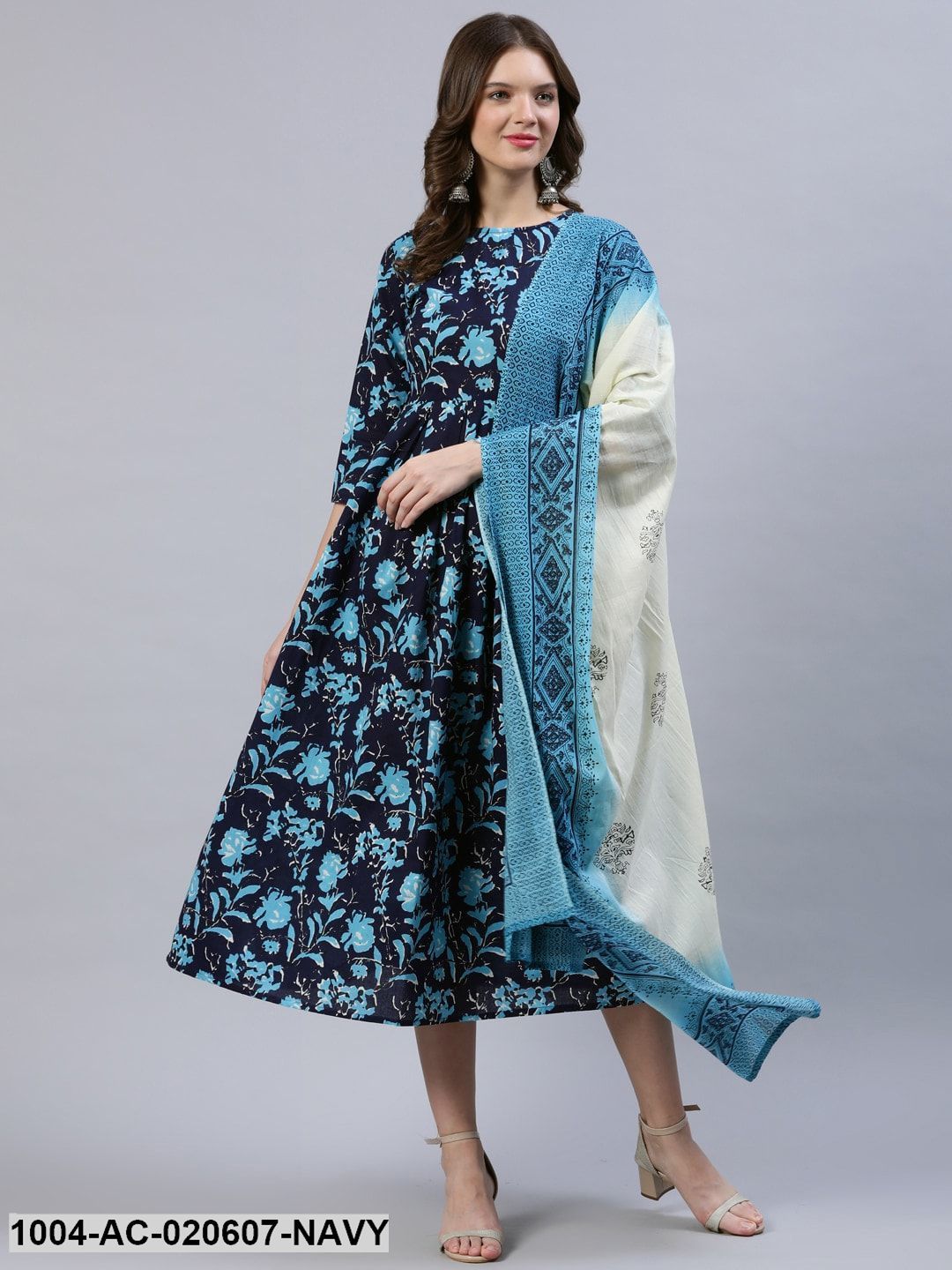 Navy Blue Floral A-Line Midi Dress