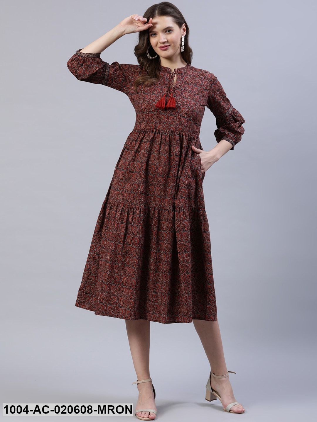 Maroon Ethnic Motifs Tie-Up Neck Empire Midi Dress