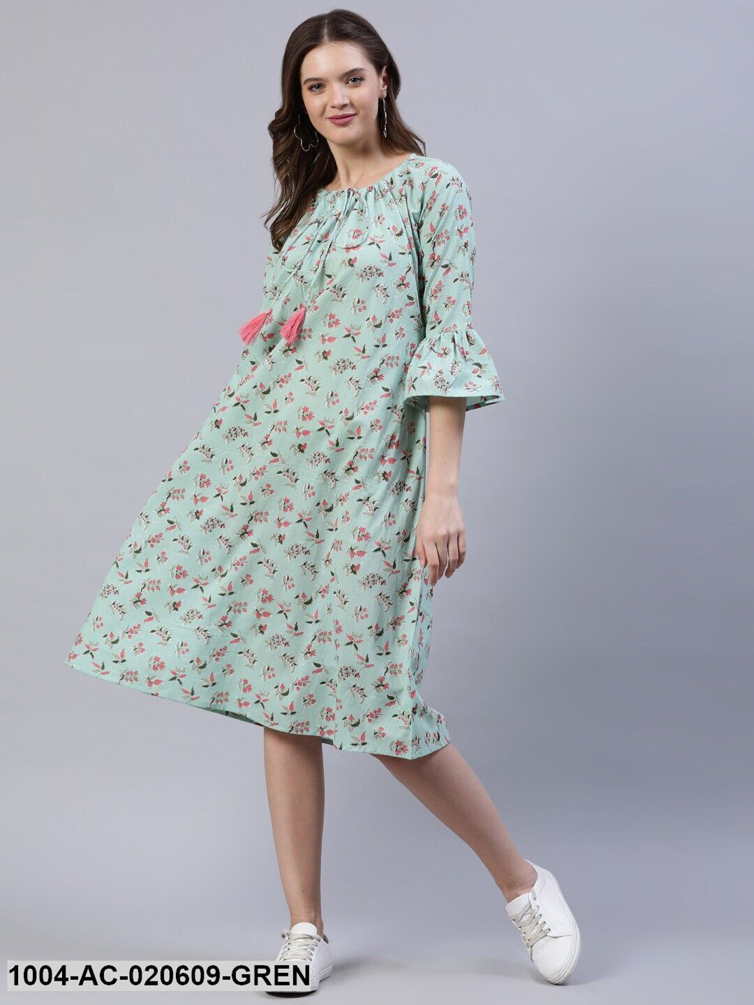 Green Floral A-Line Midi Dress