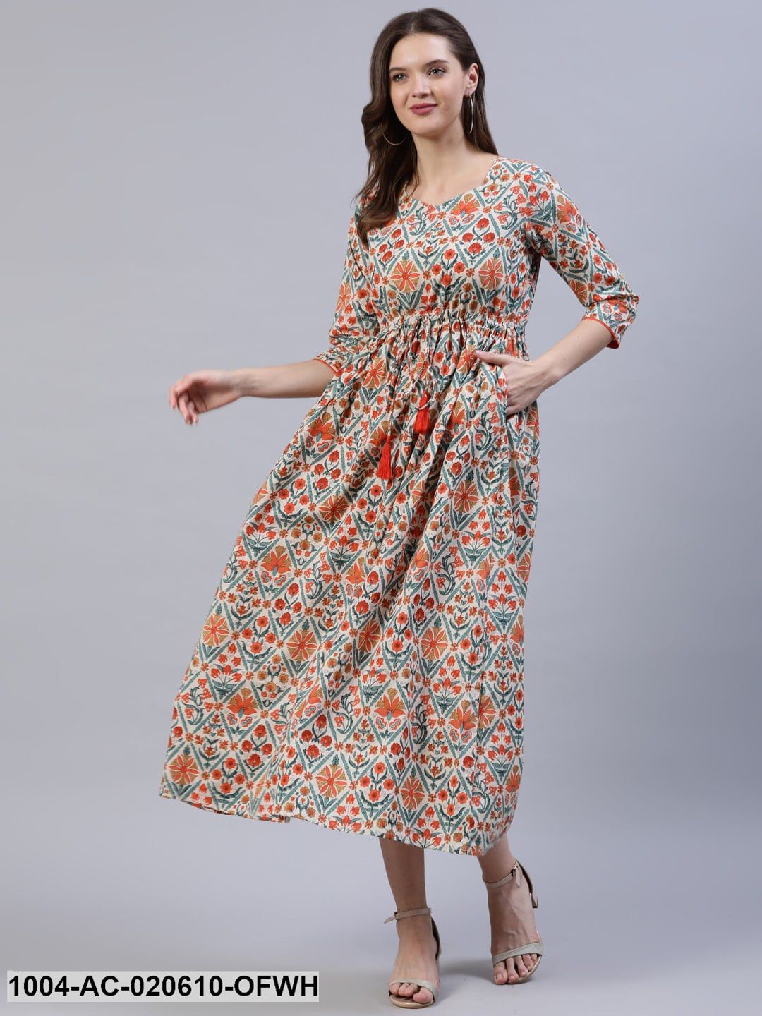 Off White Ethnic Motifs Empire Midi Dress