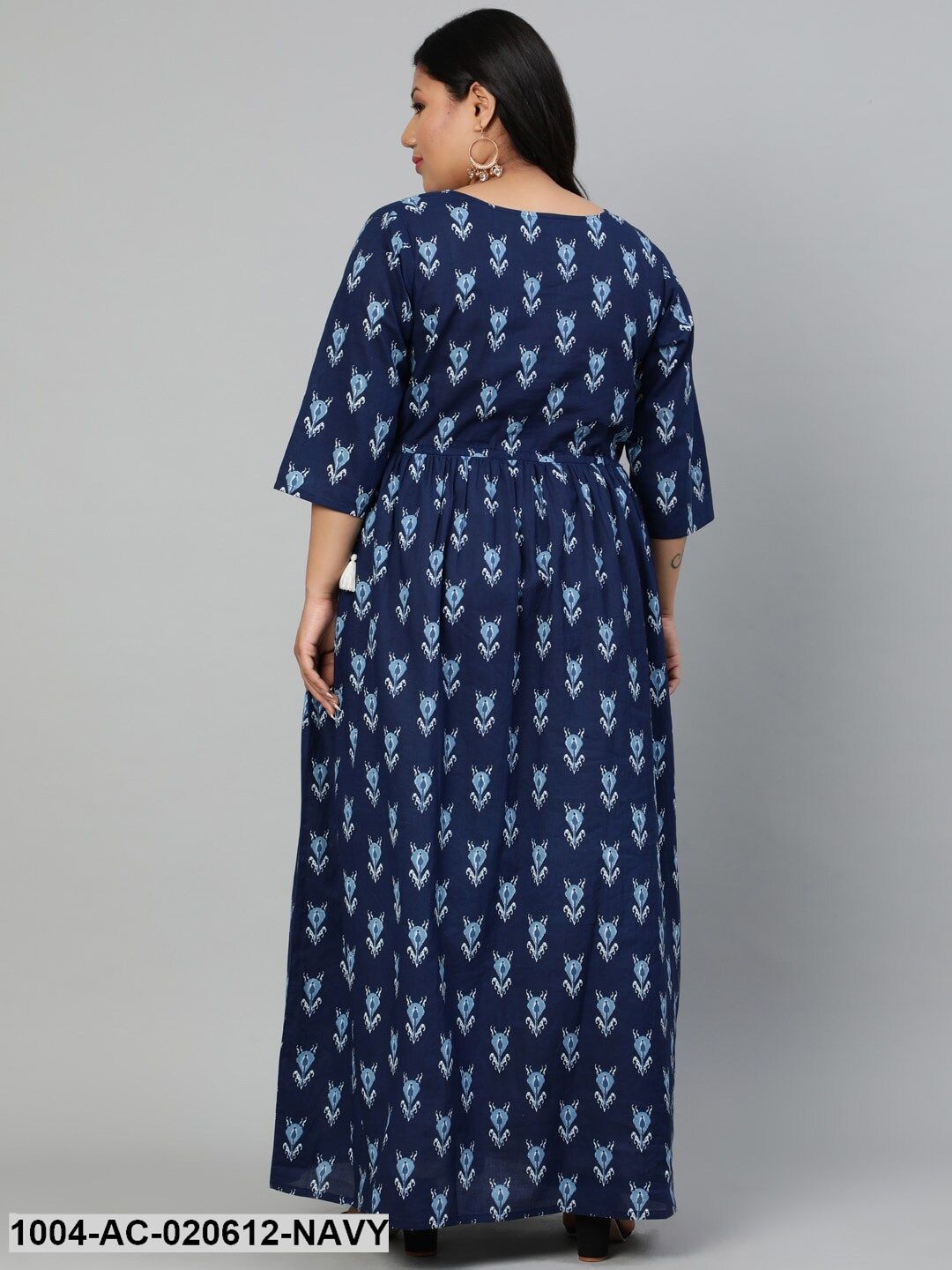 Plus Size Navy Blue & White Ethnic Motifs Ethnic Maxi Dress