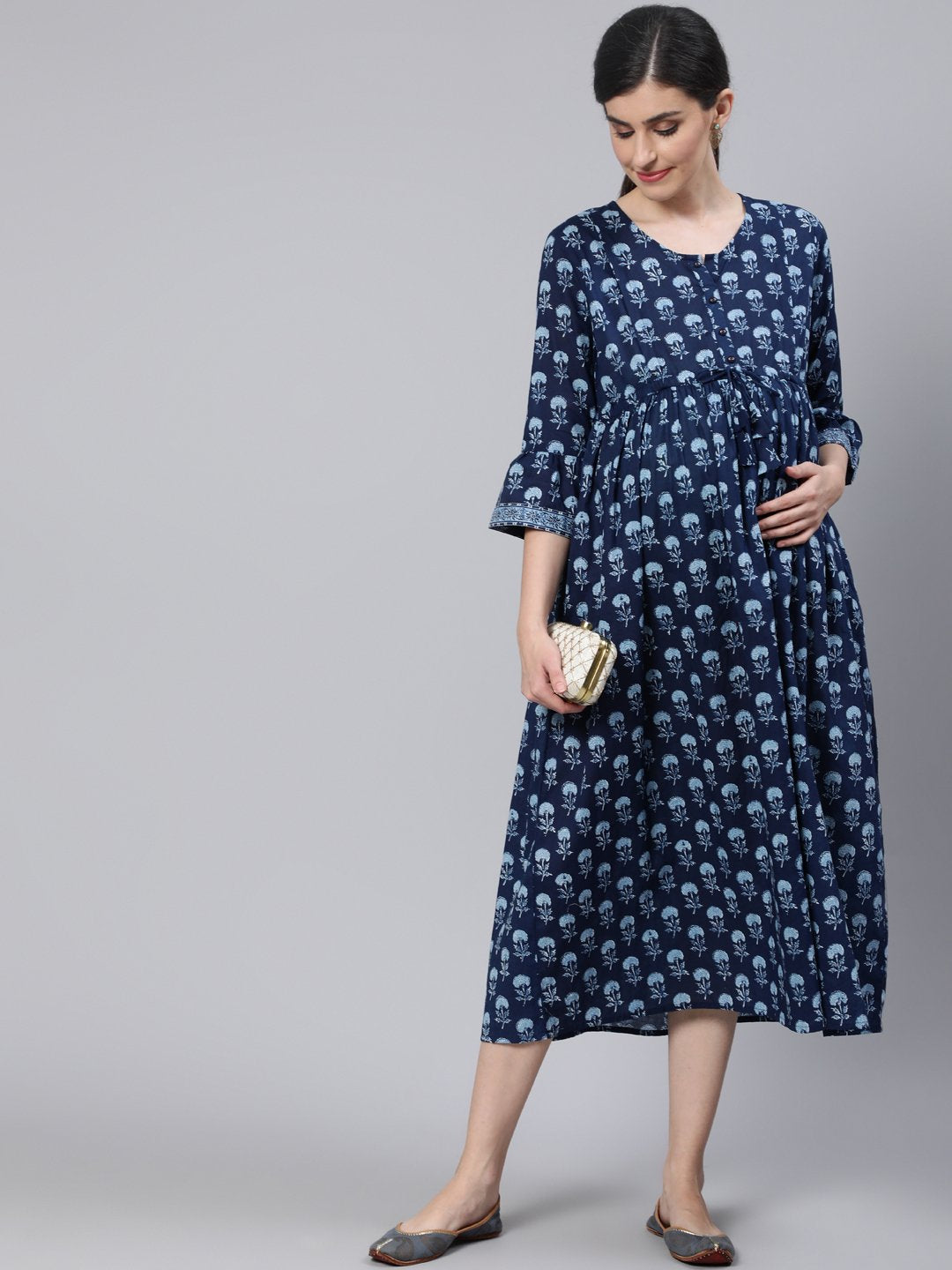 Women Blue Floral Printed Maternity Dress