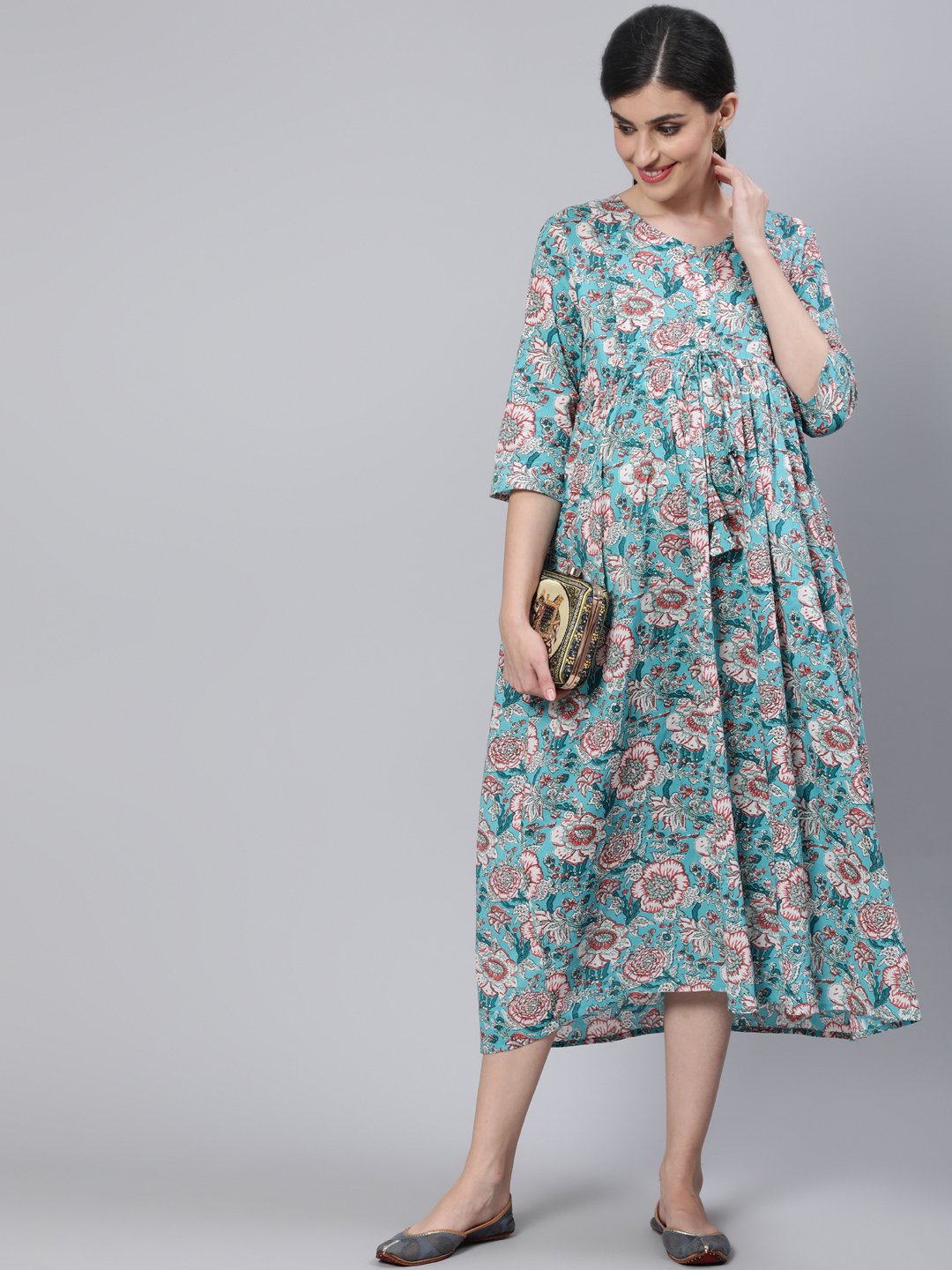 Women Blue Floral Printed Maternity Dress With Three Quarter Sleeves