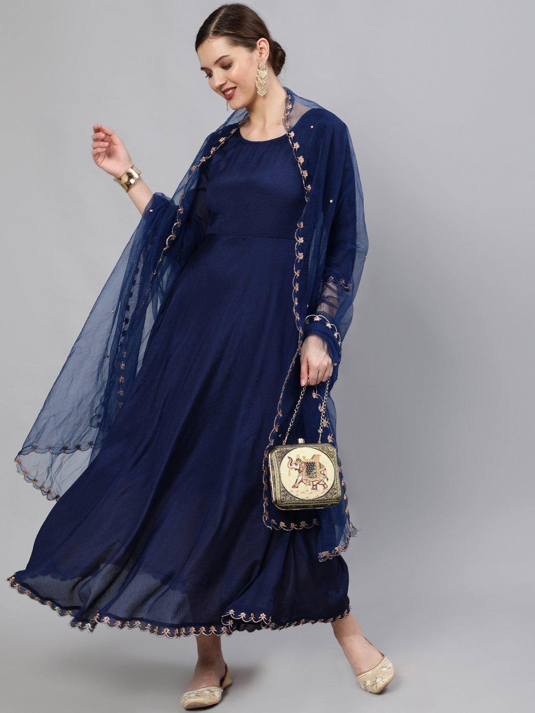Women Pink Embroidered Maxi Dress WIth Sequuined Dupatta