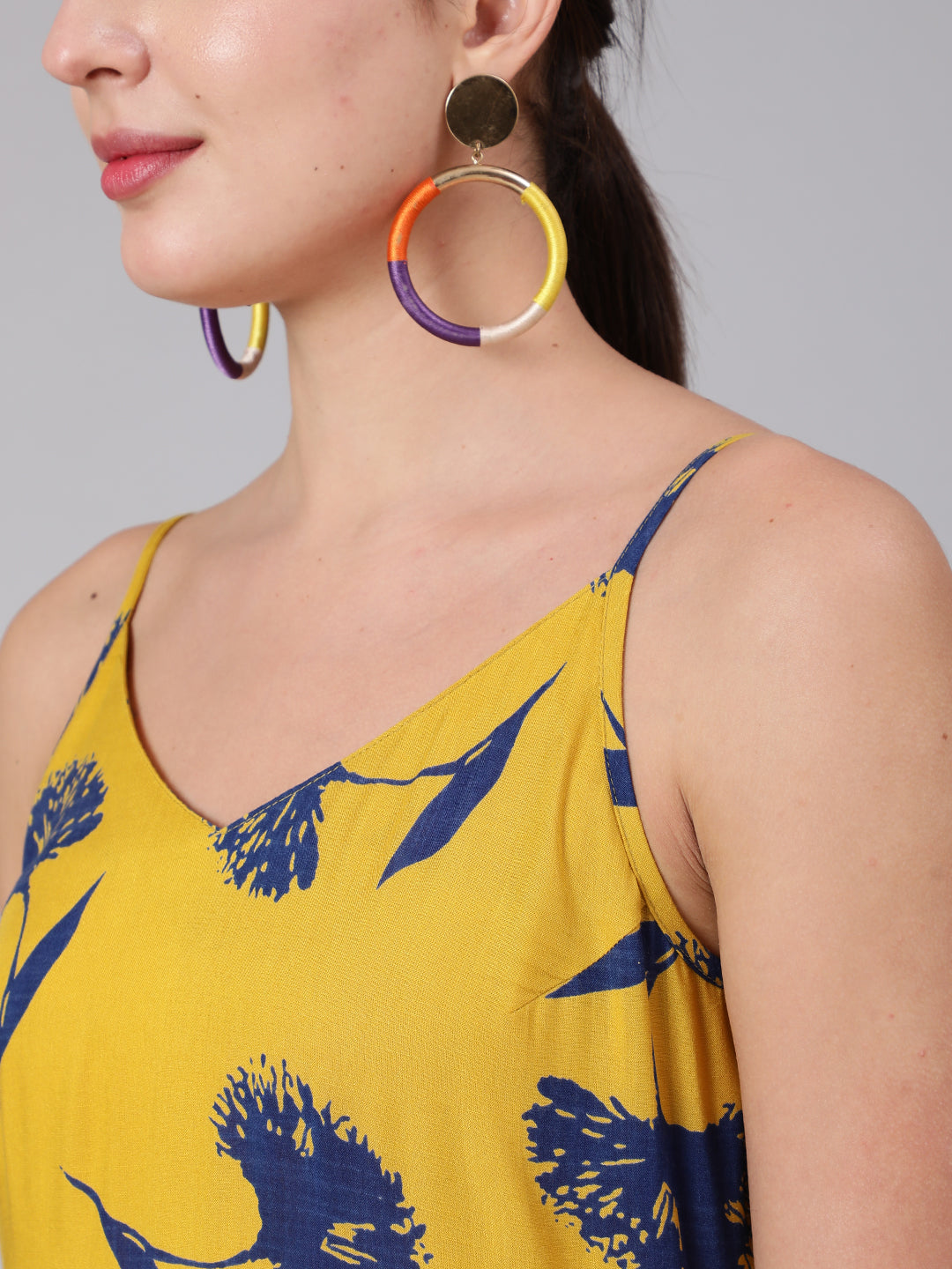 Yellow Floral Printed Shoulder Strap Flared Dress