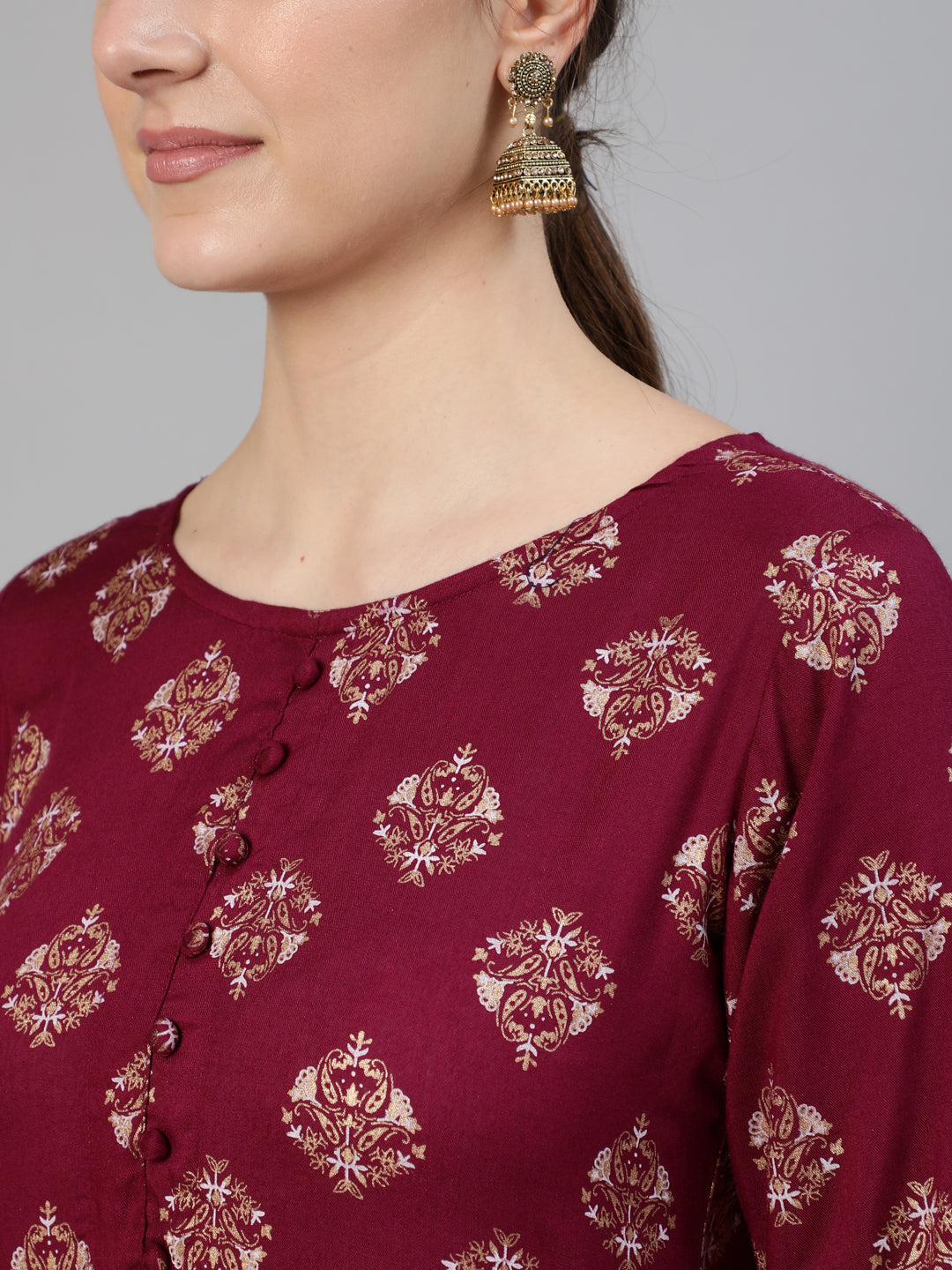 Burgundy Ethnic Printed Dress With Three Quarter Sleeves