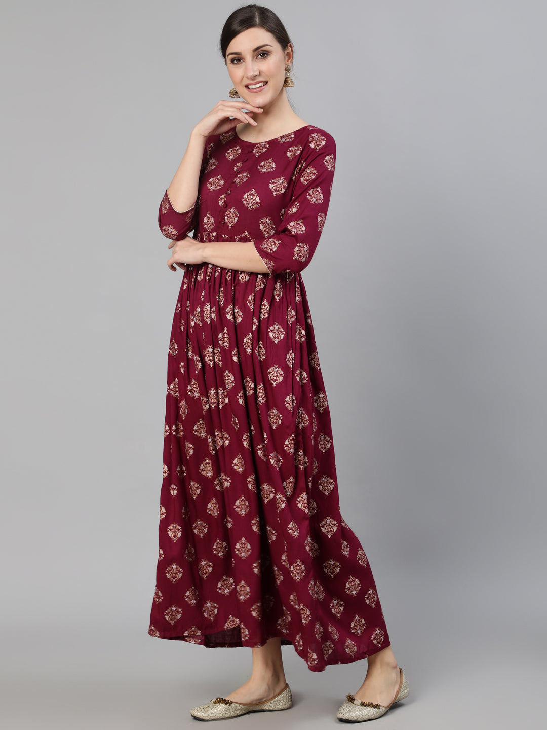 Burgundy Ethnic Printed Dress With Three Quarter Sleeves