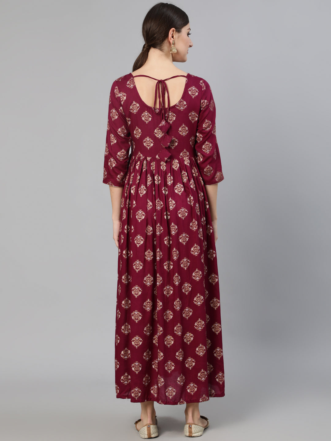 Burgundy Ethnic Printed Dress With Three Quarter Sleeves