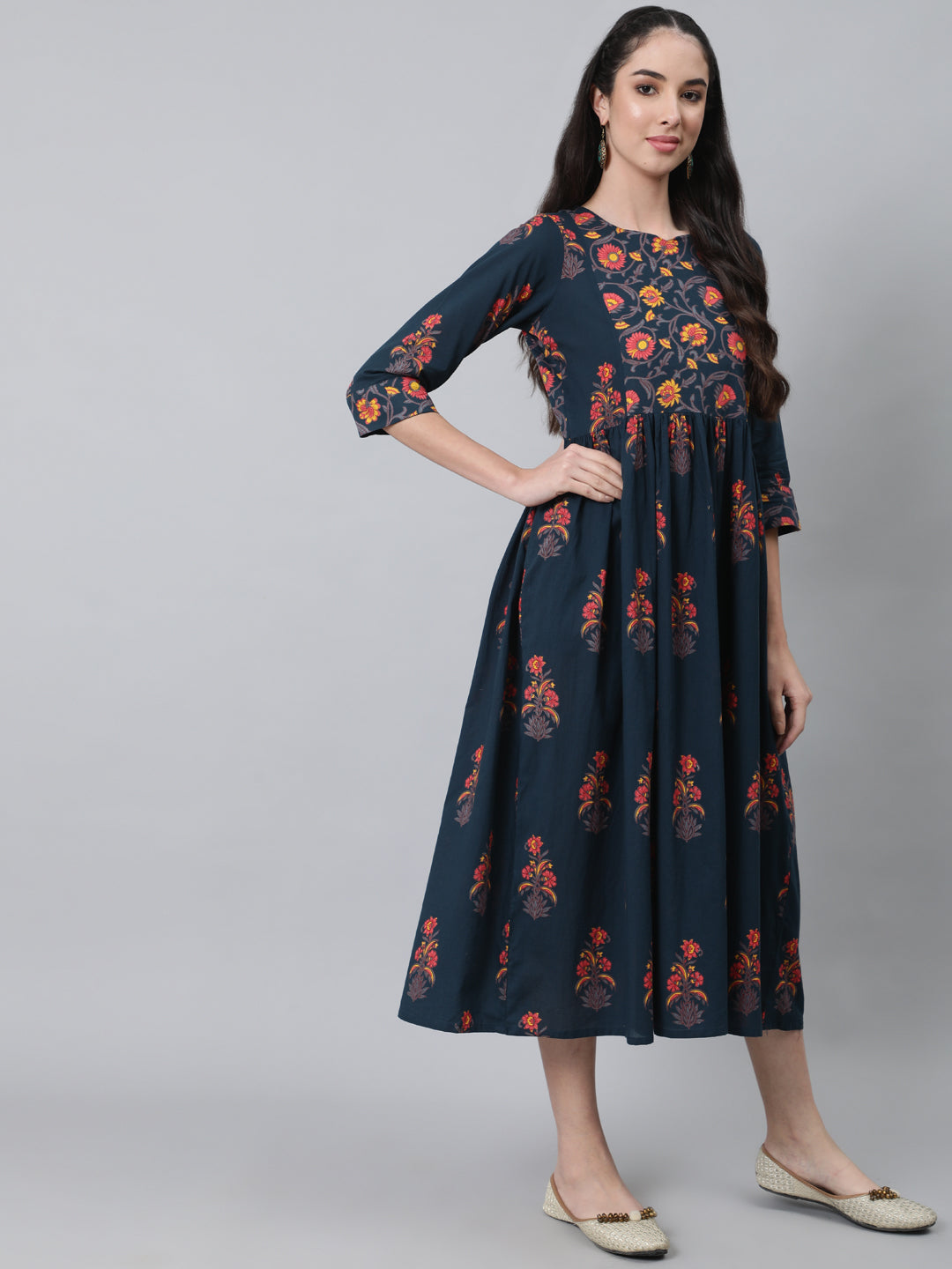 Dark Blue Printed Flared Dress With Three Quarter Sleeves