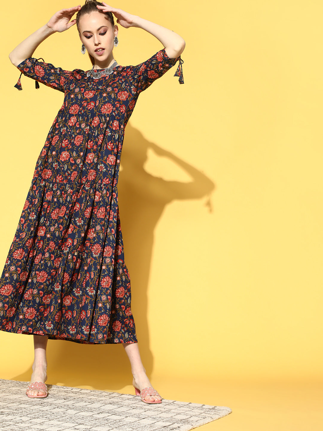 Blue Printed Tiered Dress With Tie Up Sleeves