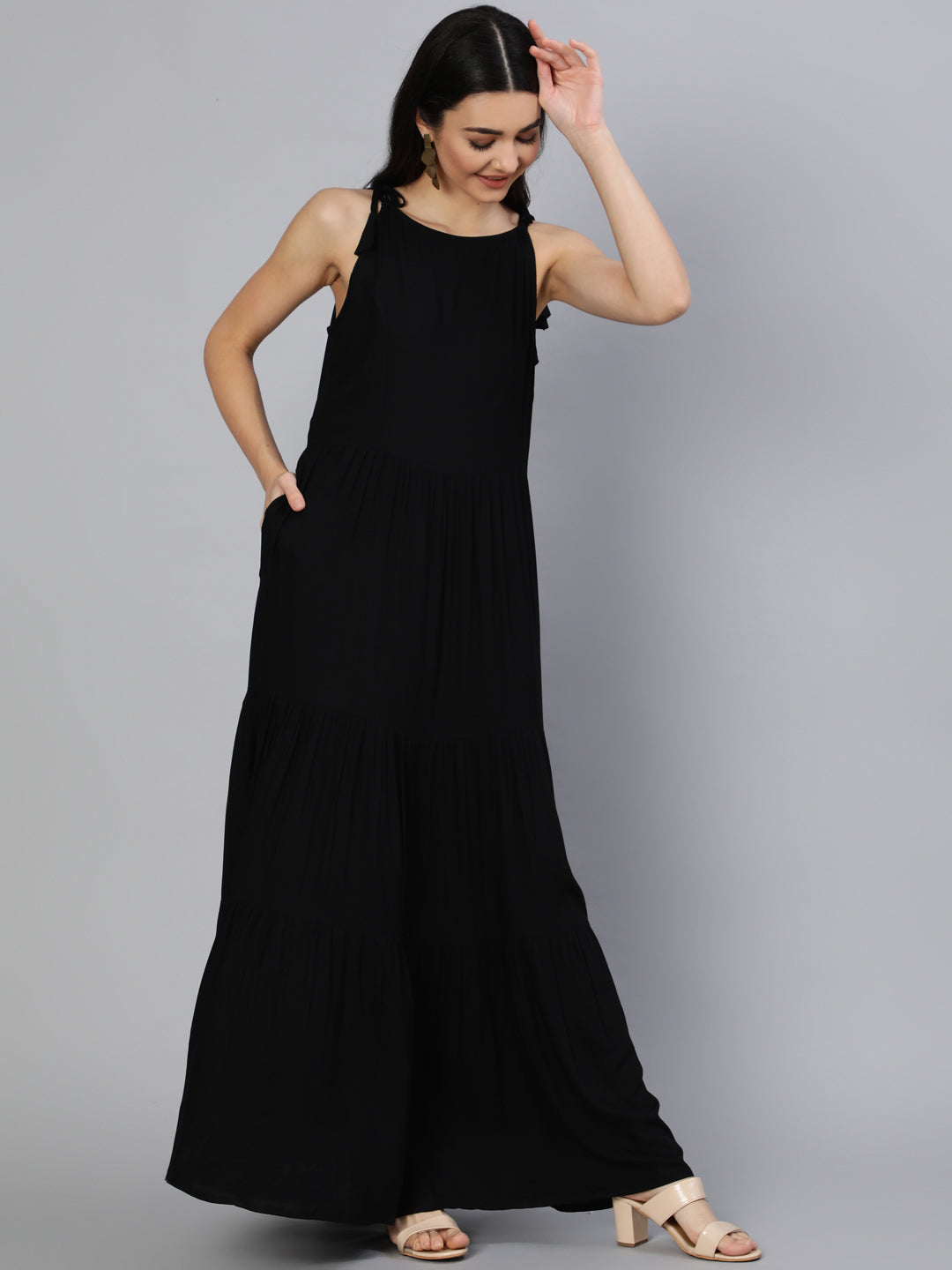 Black Halter Neck Tiered Dress