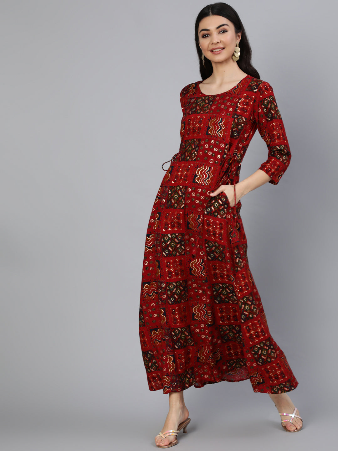 Red Printed Dress With Three Quarter Sleeves