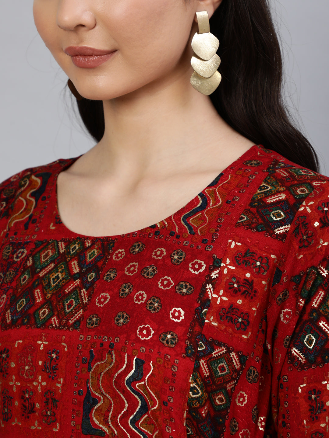 Red Printed Dress With Three Quarter Sleeves