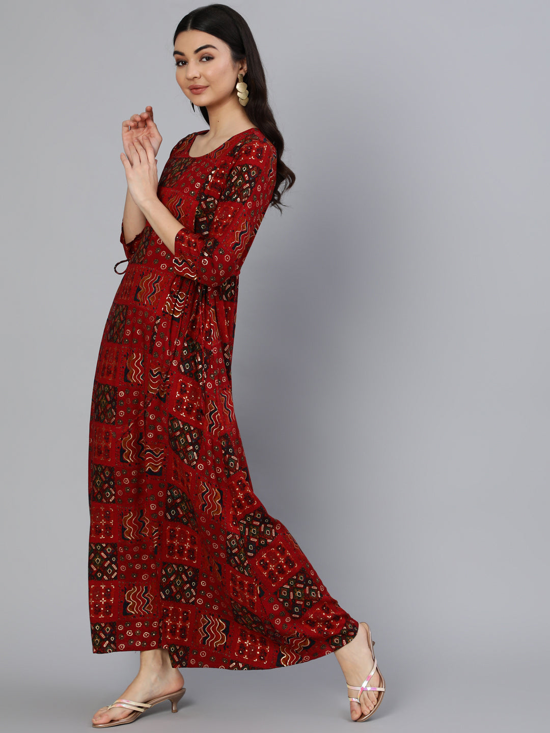 Red Printed Dress With Three Quarter Sleeves