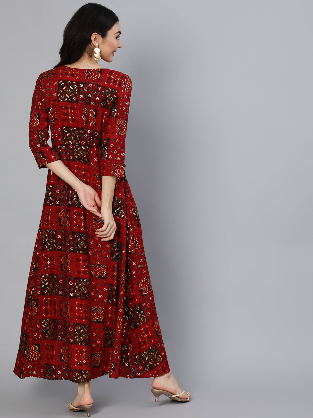 Red Printed Dress With Three Quarter Sleeves