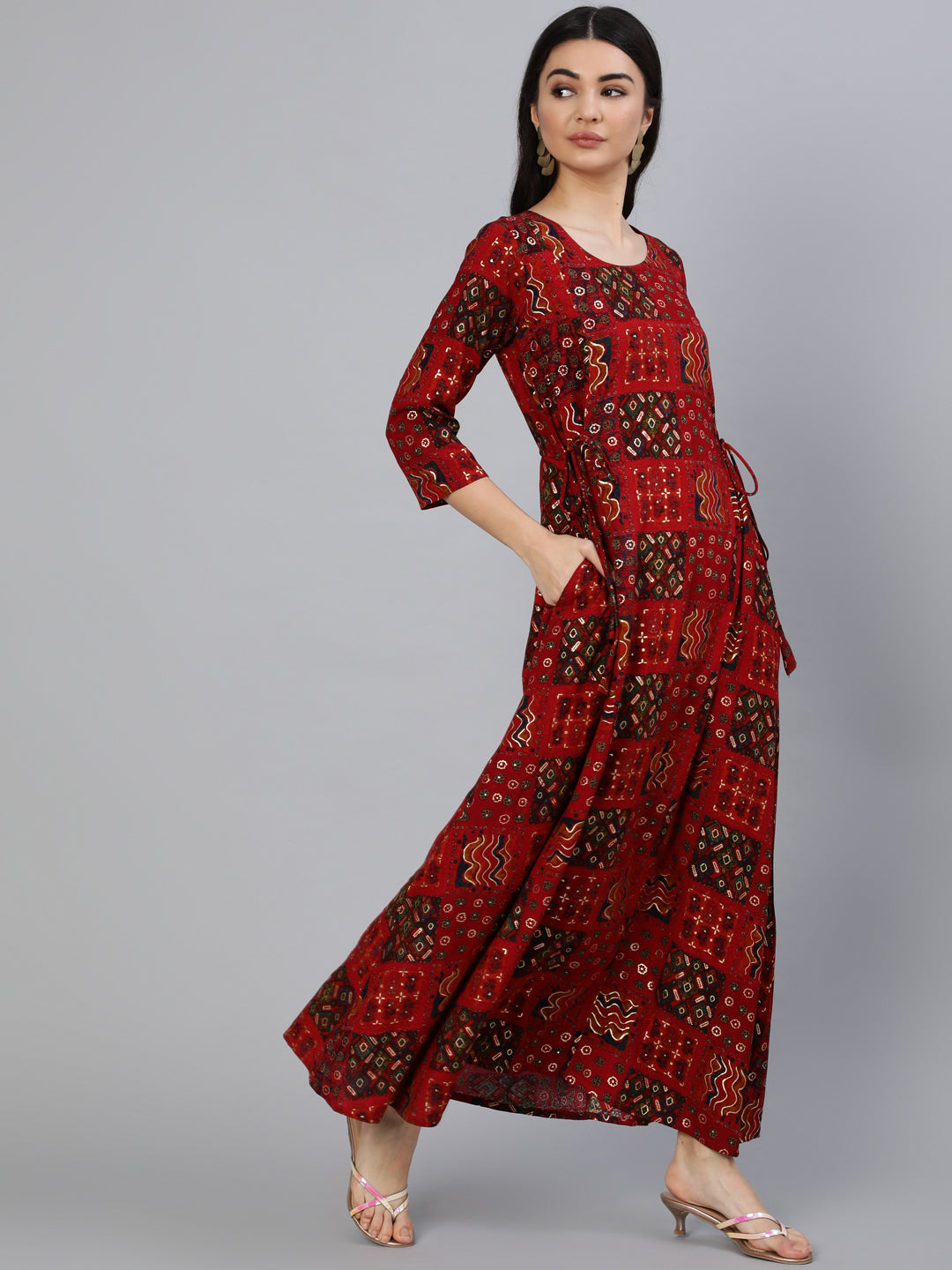 Red Printed Dress With Three Quarter Sleeves