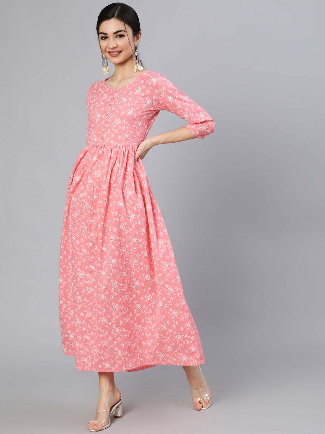 Pink Floral Printed Flared Dress With Round Neck