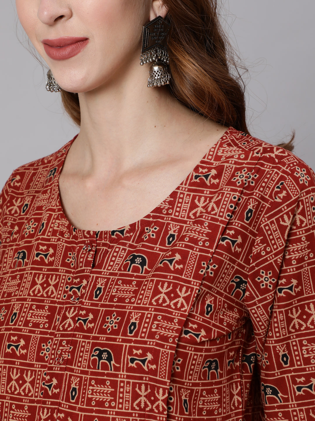 Rust Ethnic Printed Maternity Dress With Three Quarter Sleeves