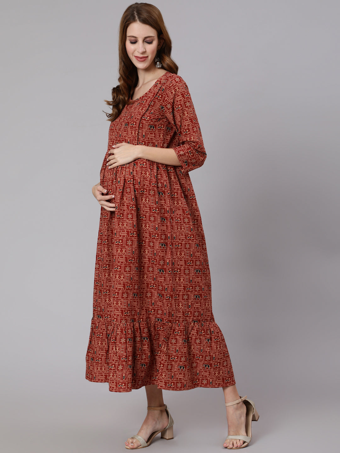 Rust Ethnic Printed Maternity Dress With Three Quarter Sleeves