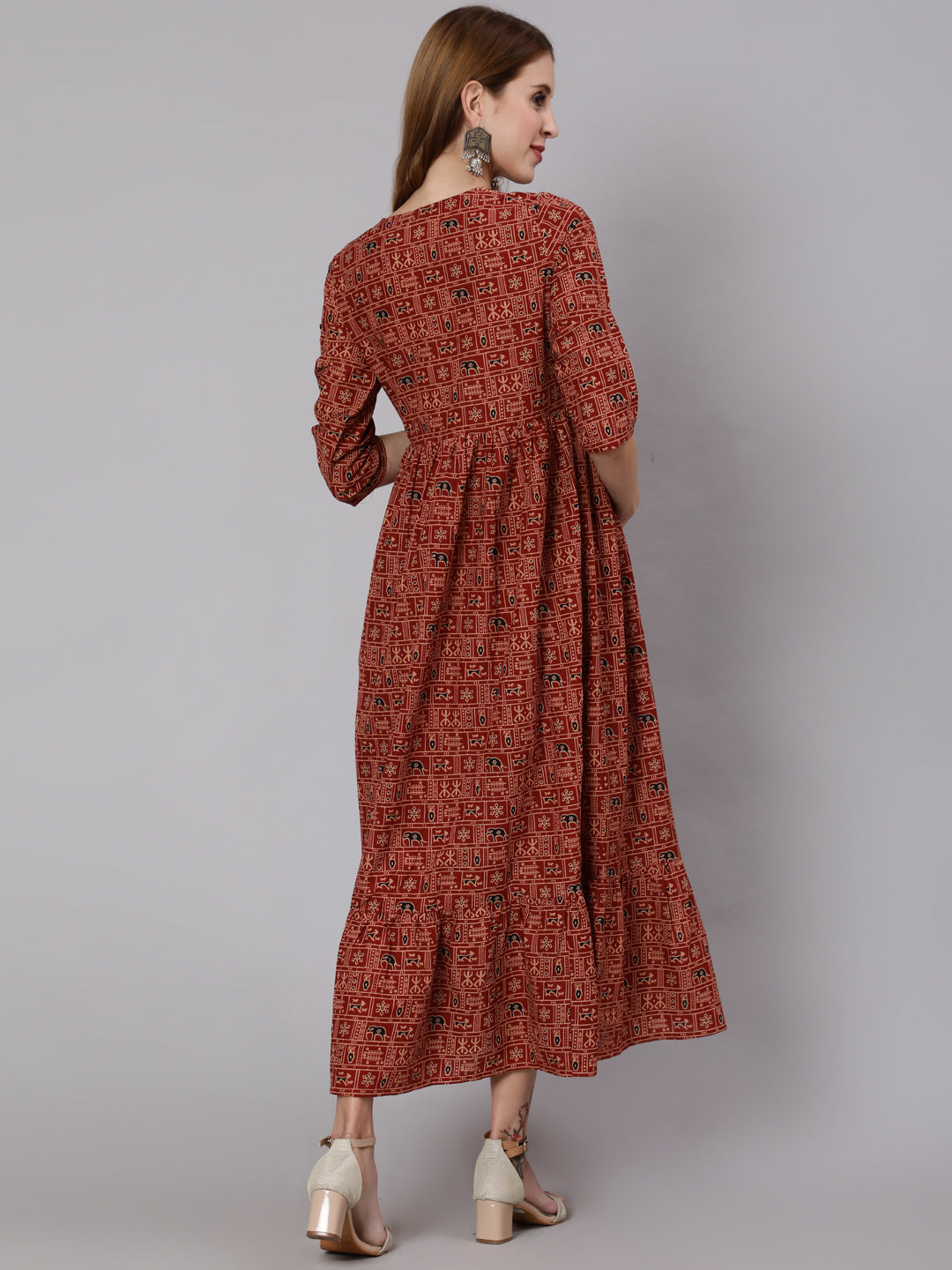 Rust Ethnic Printed Maternity Dress With Three Quarter Sleeves