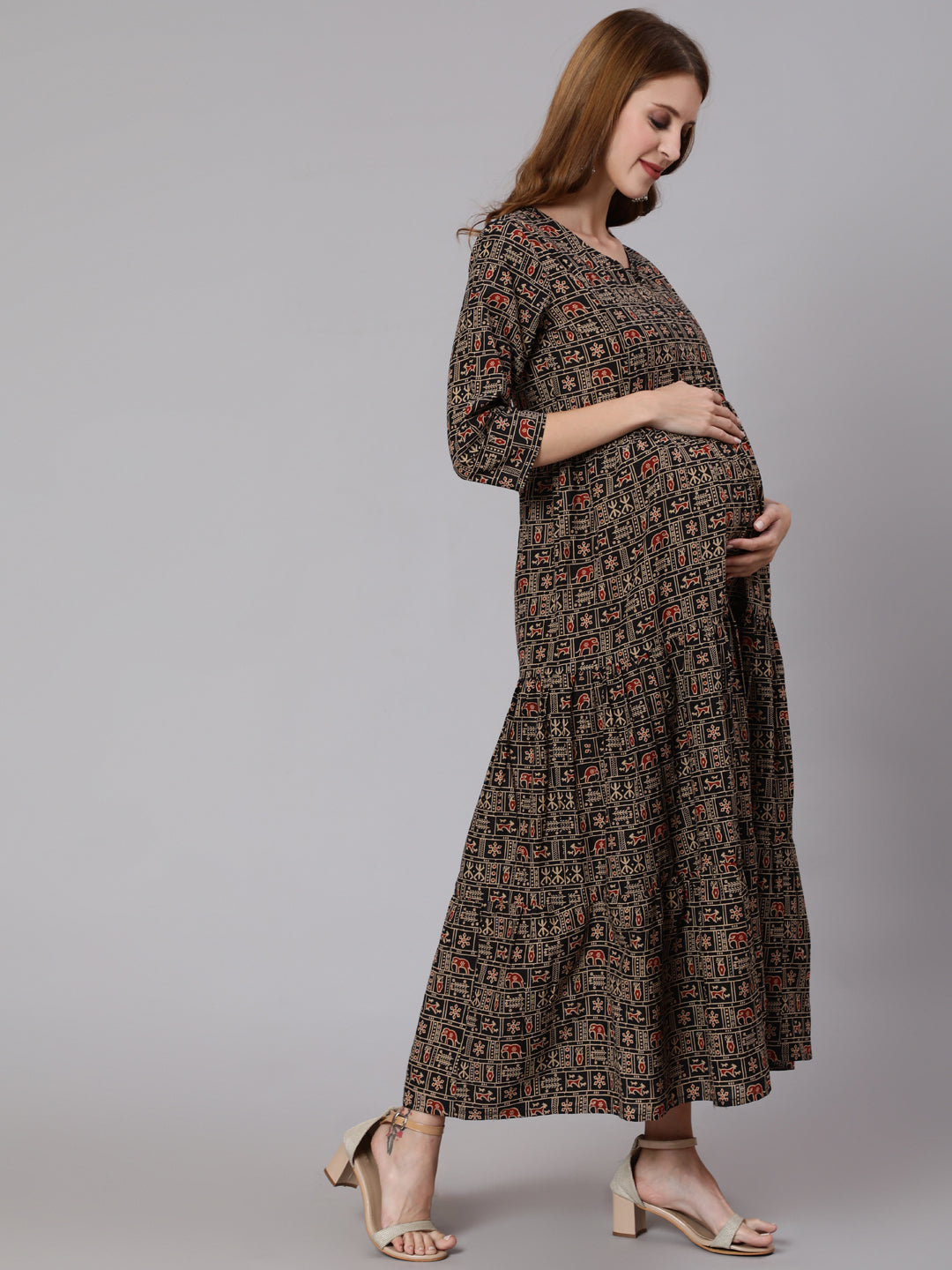 Black & Beige Ethnic Printed Maternity Dress With Three Quarter Sleeves