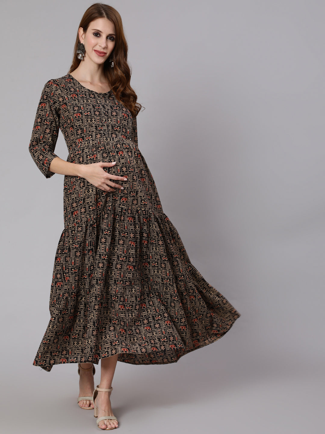 Black & Beige Ethnic Printed Maternity Dress With Three Quarter Sleeves