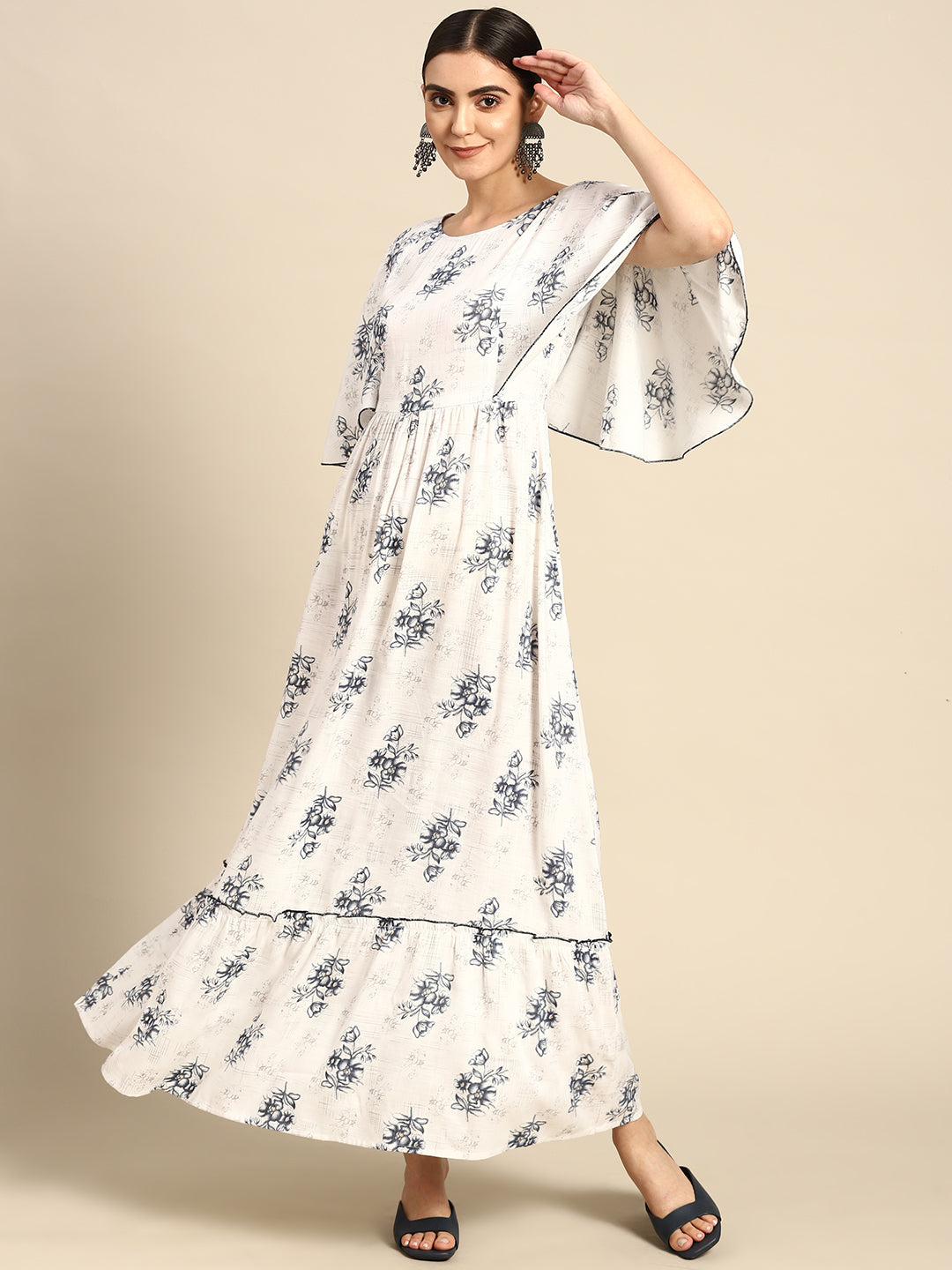 Off-White Floral Printred Taired Dress With Flared Sleeves