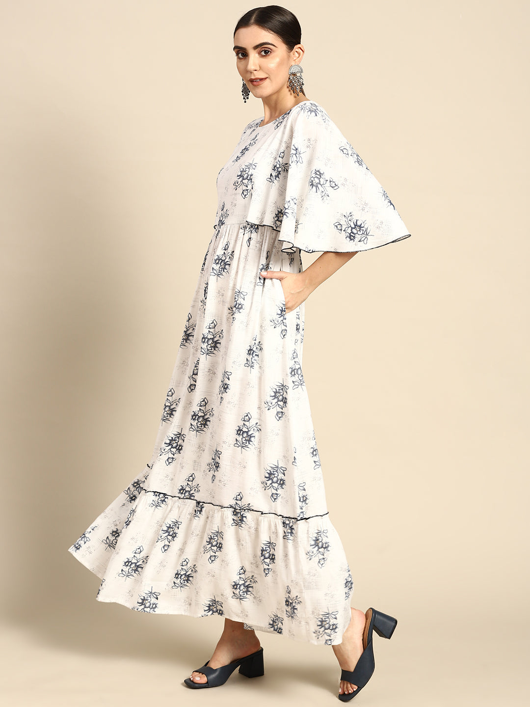 Off-White Floral Printred Taired Dress With Flared Sleeves