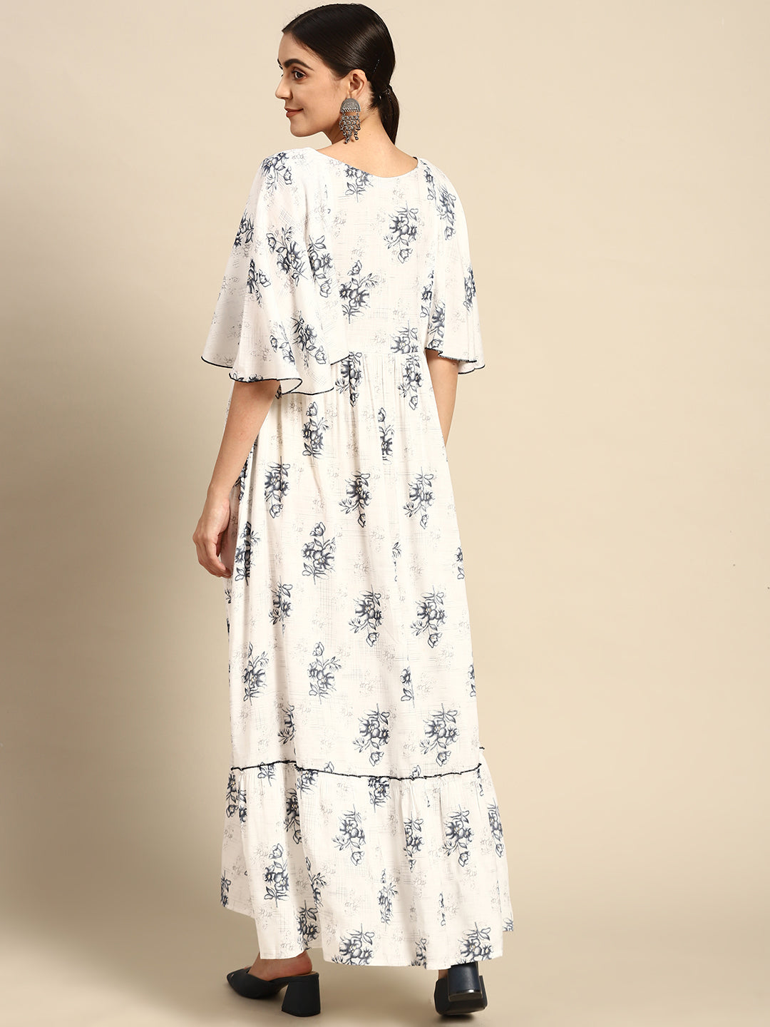 Off-White Floral Printred Taired Dress With Flared Sleeves