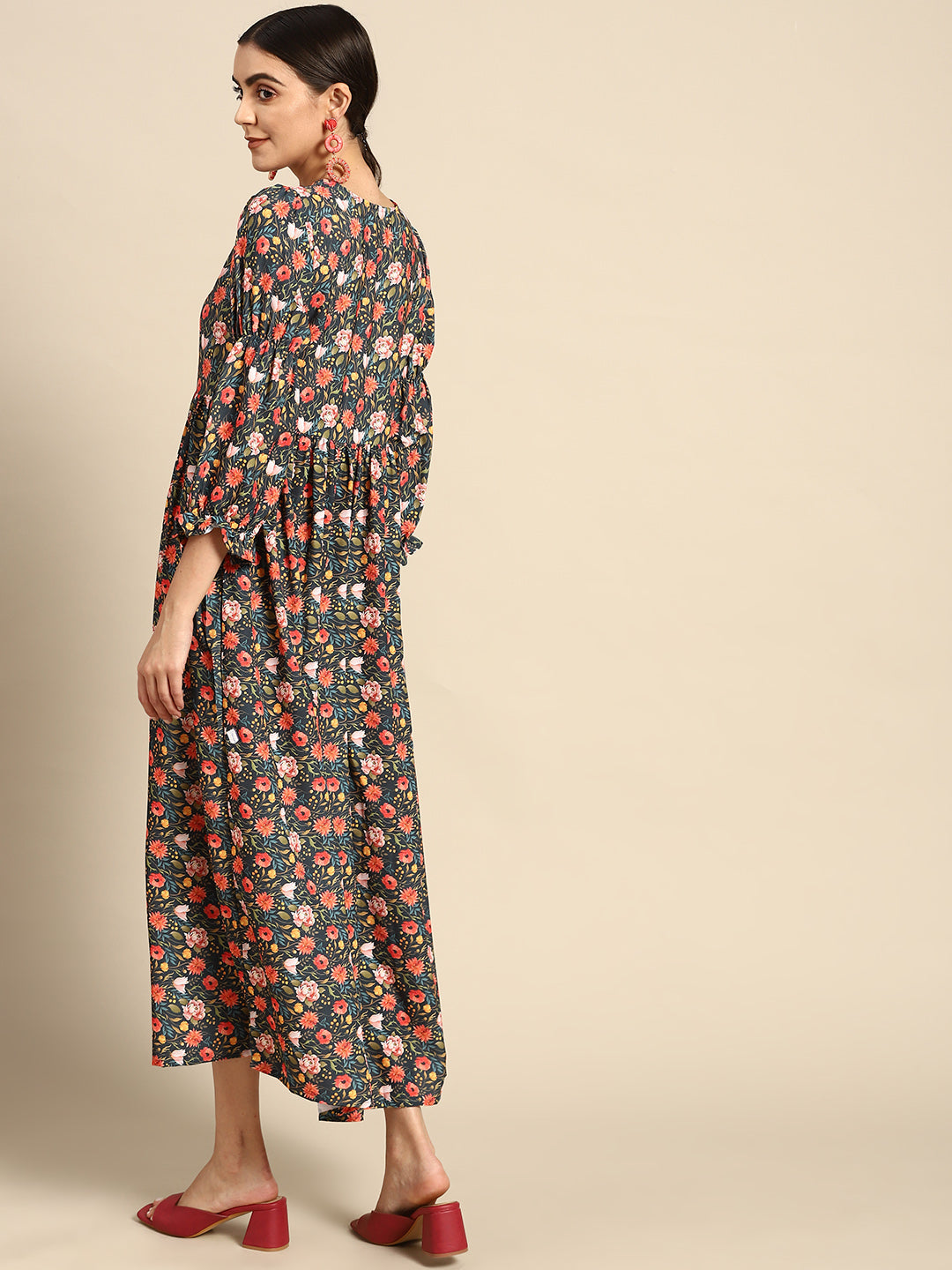 WomenTeal Blue Floral Printed Dress With Three Quarter Sleeves