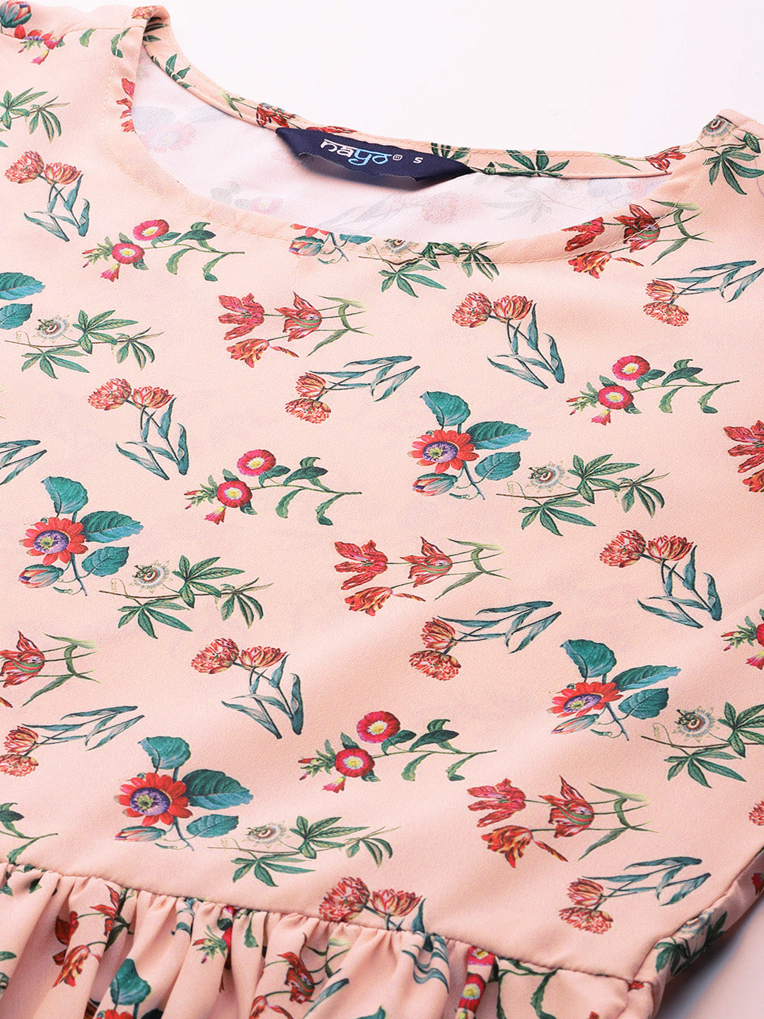 Peach Floral Printed Dress With Three Quarter Sleeves