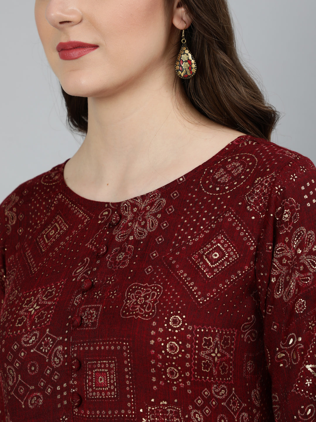 Maroon Ethnic Printed Flared Dress