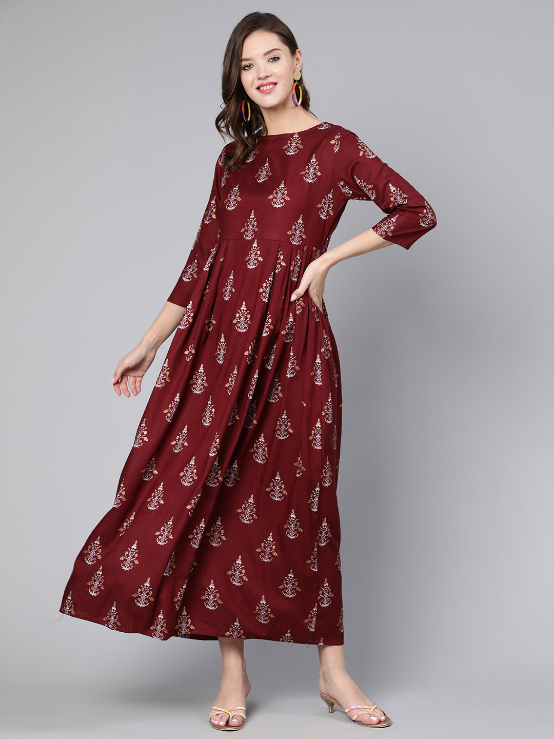 Burgundy Printed Flared Dress With Three Quarter Sleeves