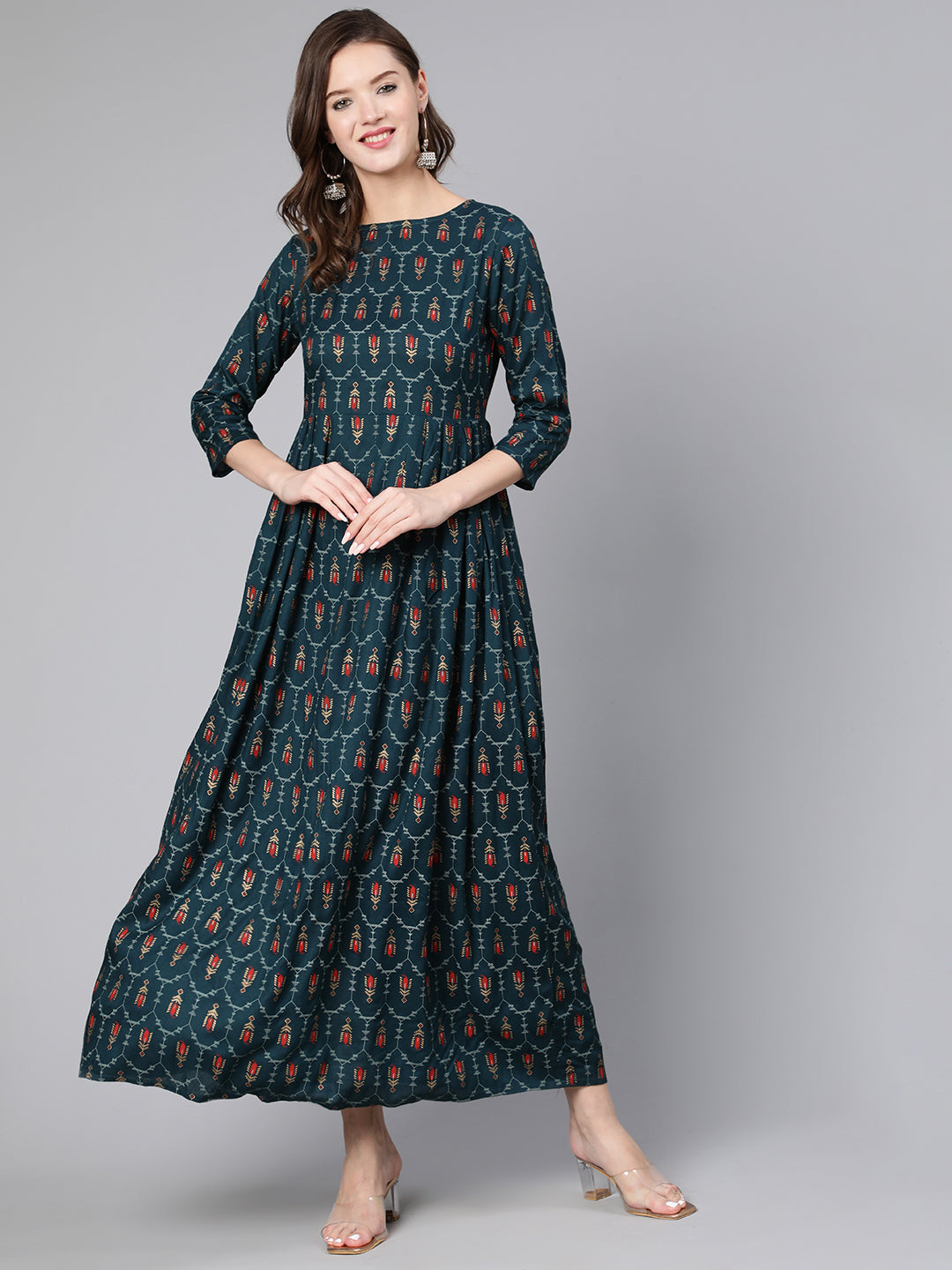 Blue Printed Flared Dress With Three Quarter Sleeves